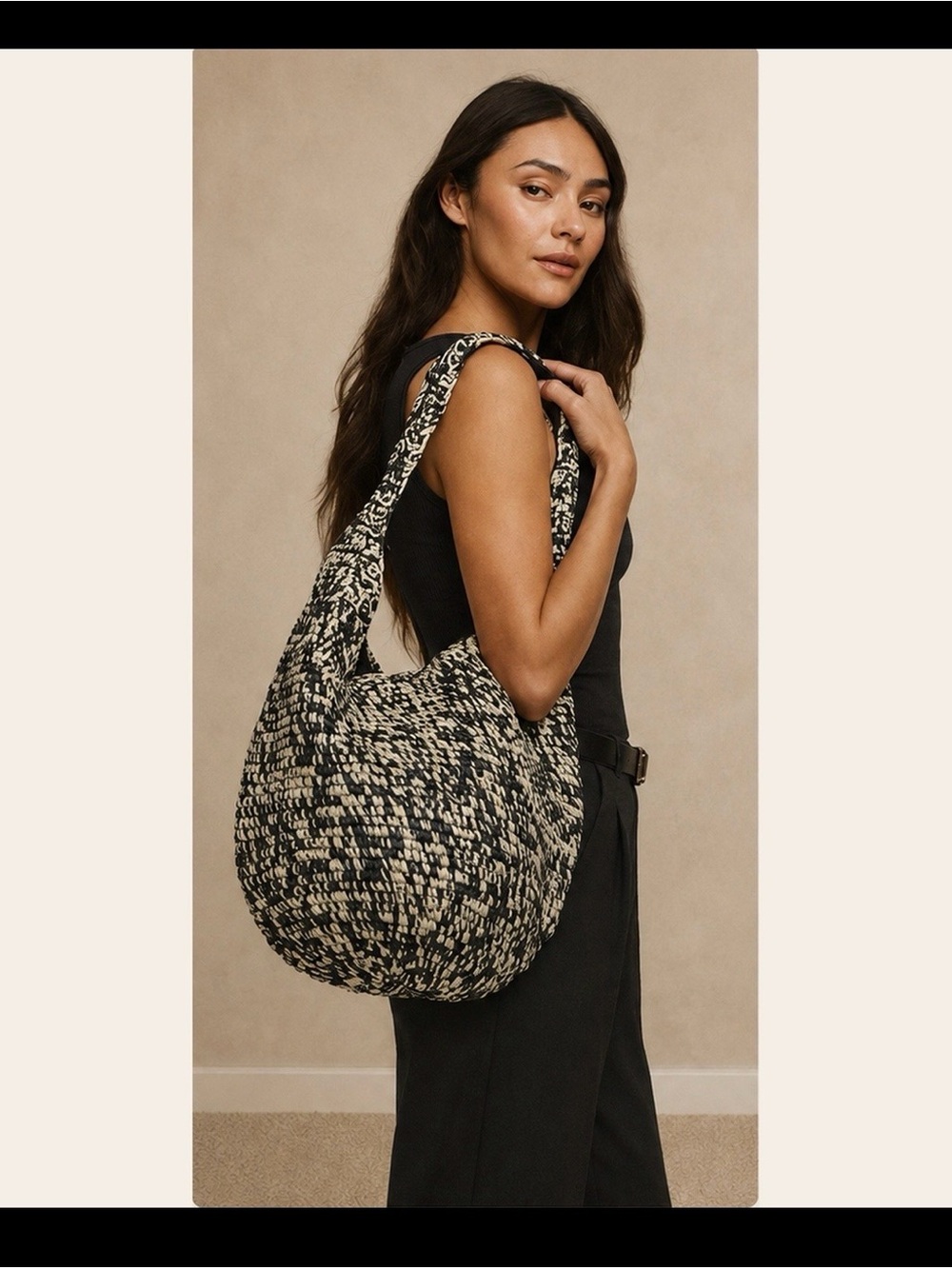 Banana Republic Black & Cream Woven Shoulder Tote